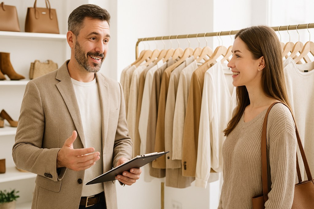A boutique attendant getting feedback from a customer.