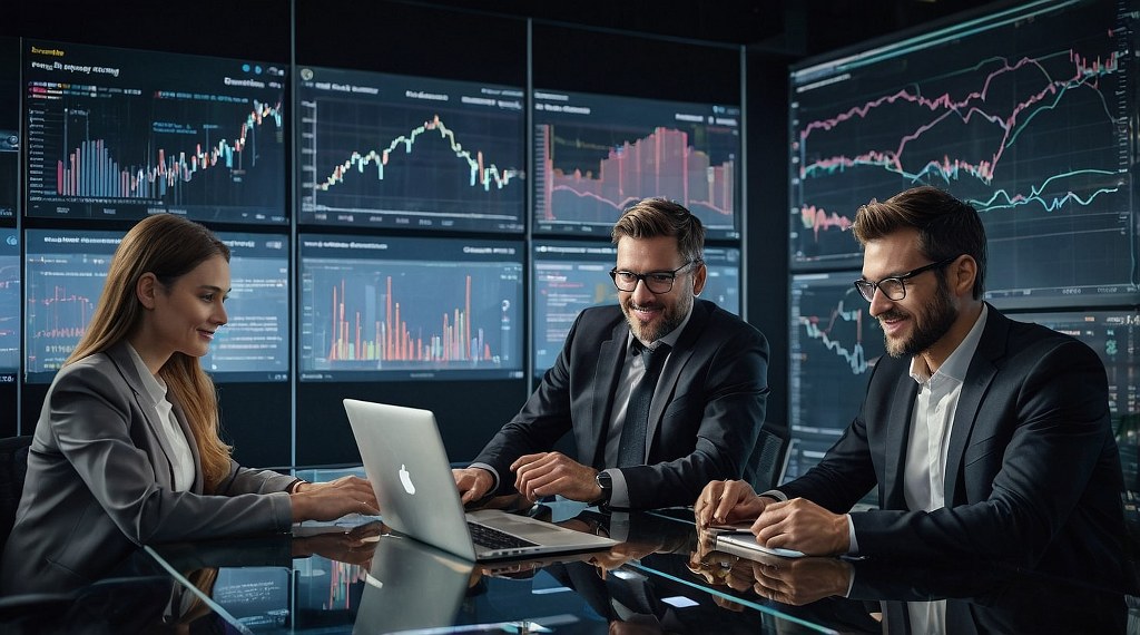 A business meeting with screens showing metrics.