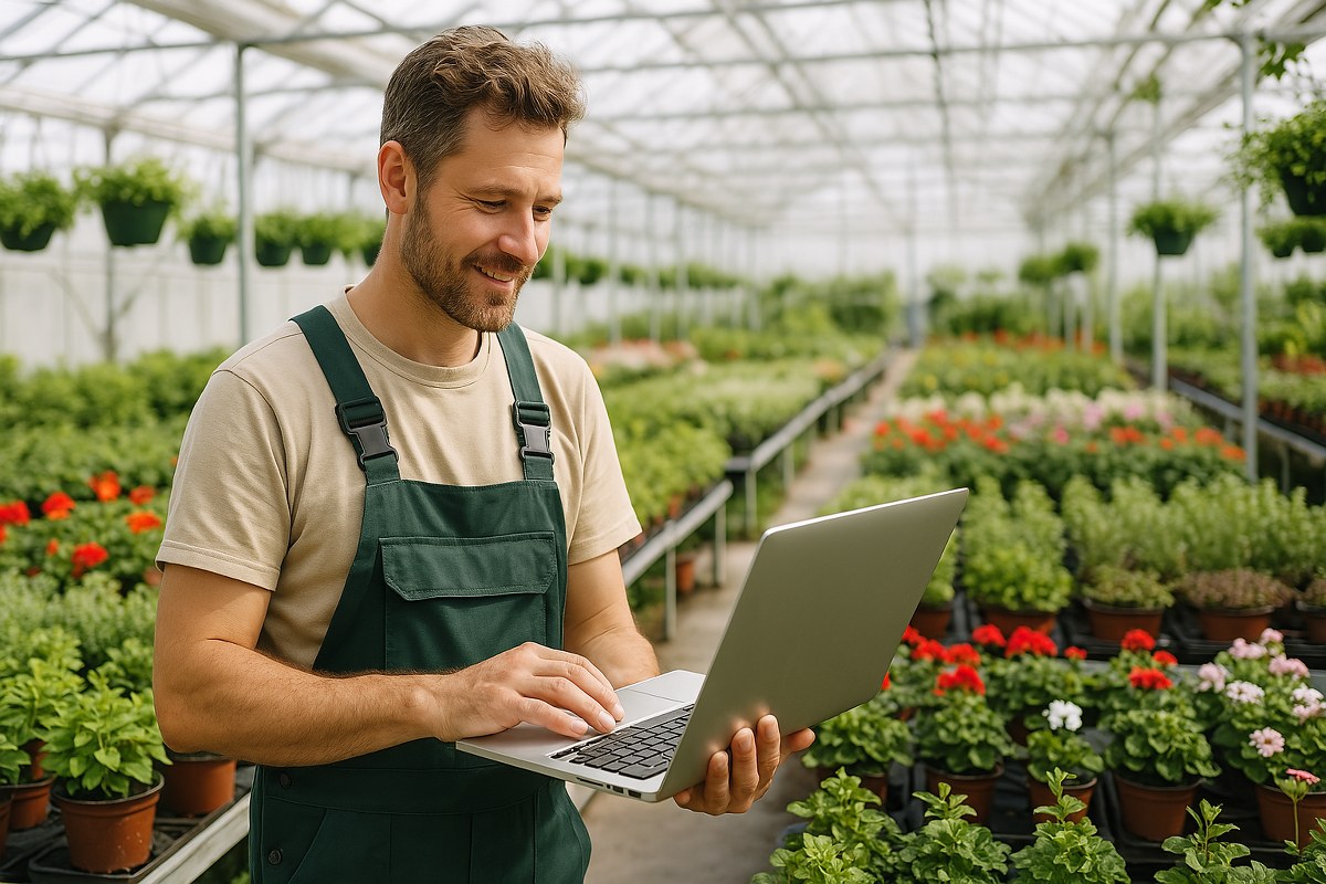 A business owner managing his gardening business online.