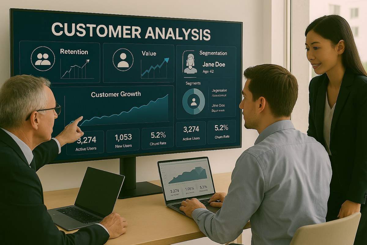 A business team doing customer analysis.