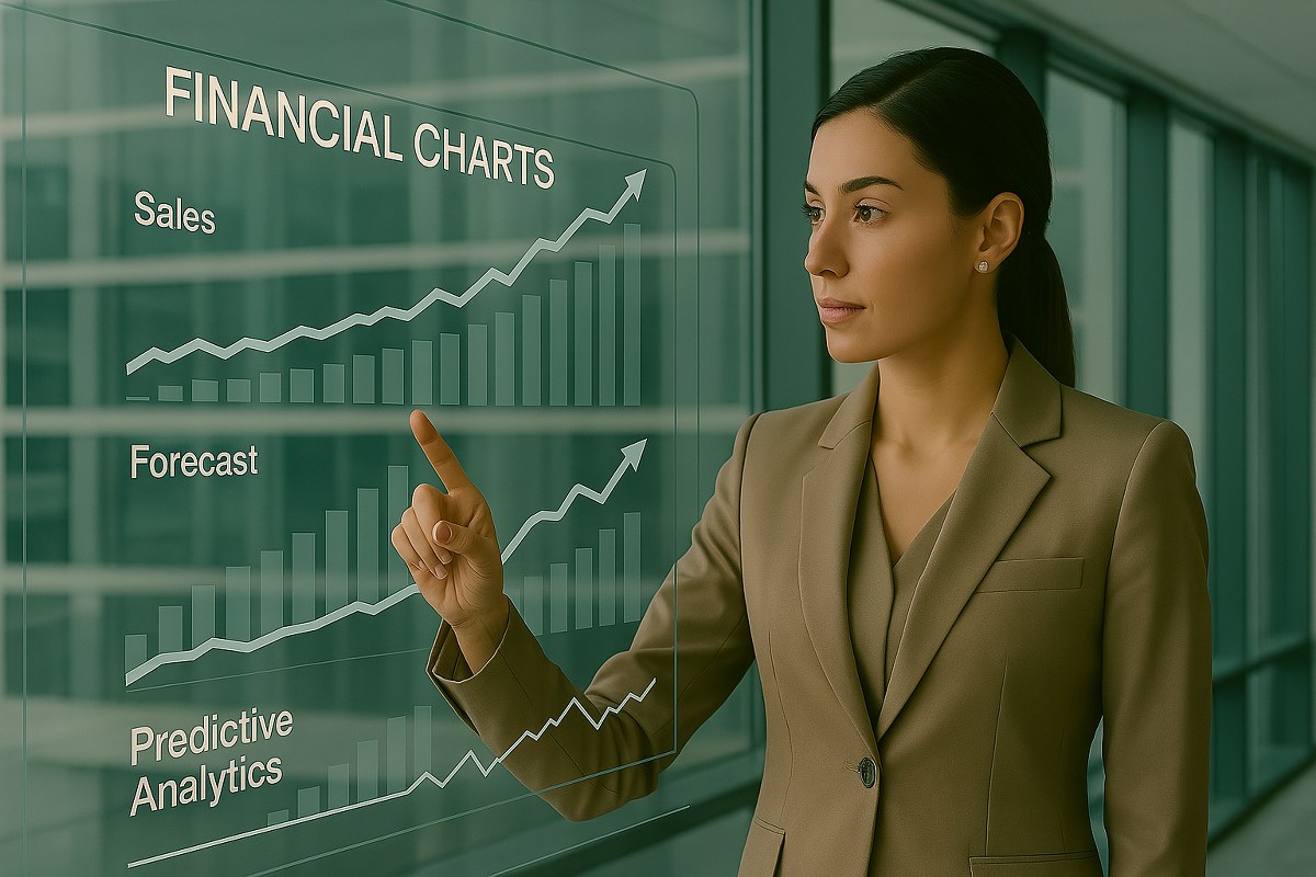 A businesswoman analyzing financial charts.