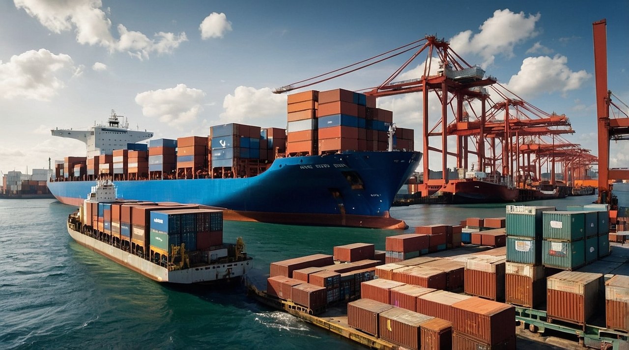 A cargo ship being loaded with containers.