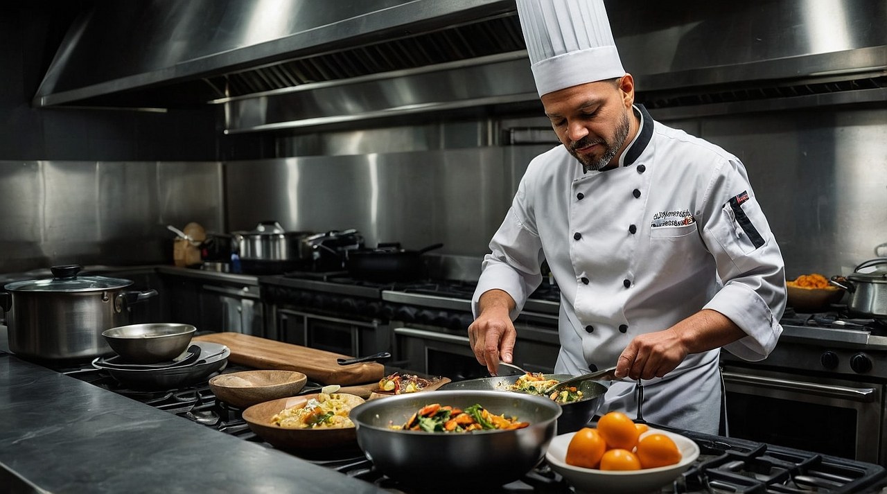 A chef cooking at a restaurant.