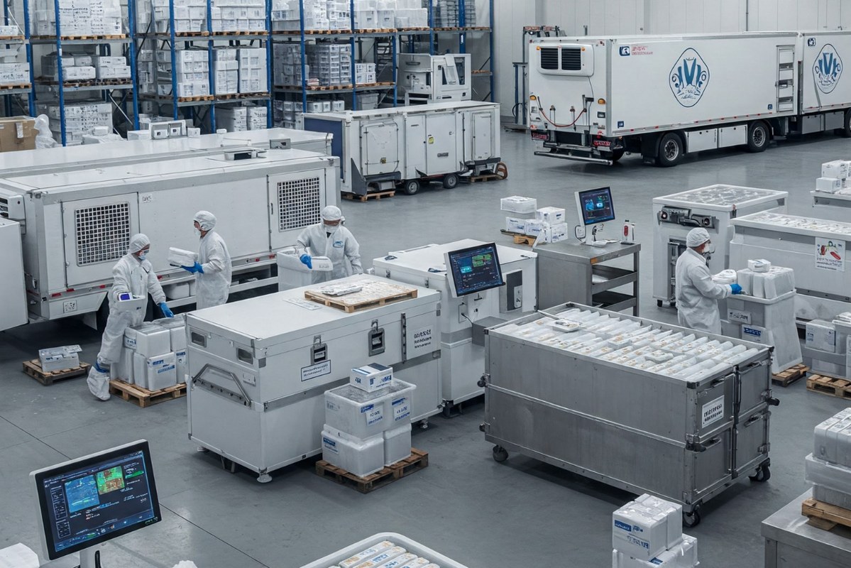 A cold chain logistics operation with workers handling frozen foods and vaccines in a refrigerated warehouse.