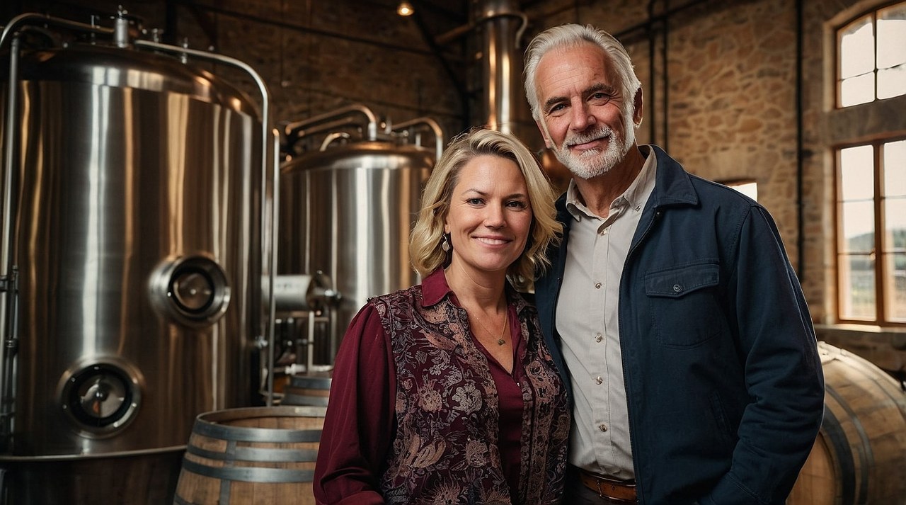 A couple at a wine distillery.