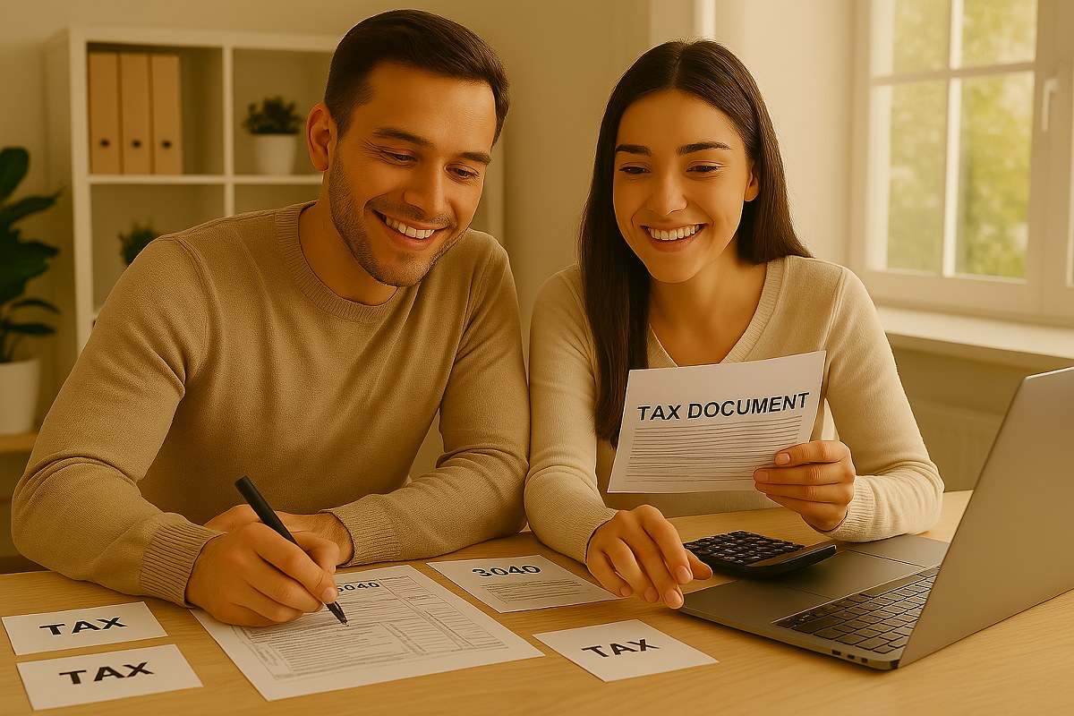 A couple doing tax paperwork.