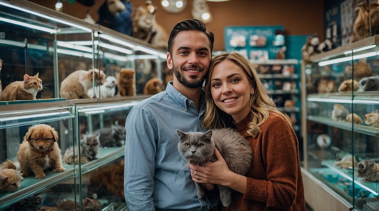 A couple holding a cat in a pet store.
