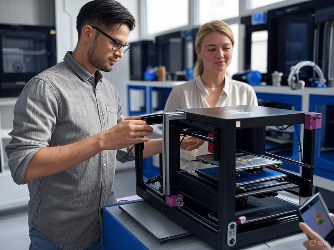 A couple working on a 3D printing machine.