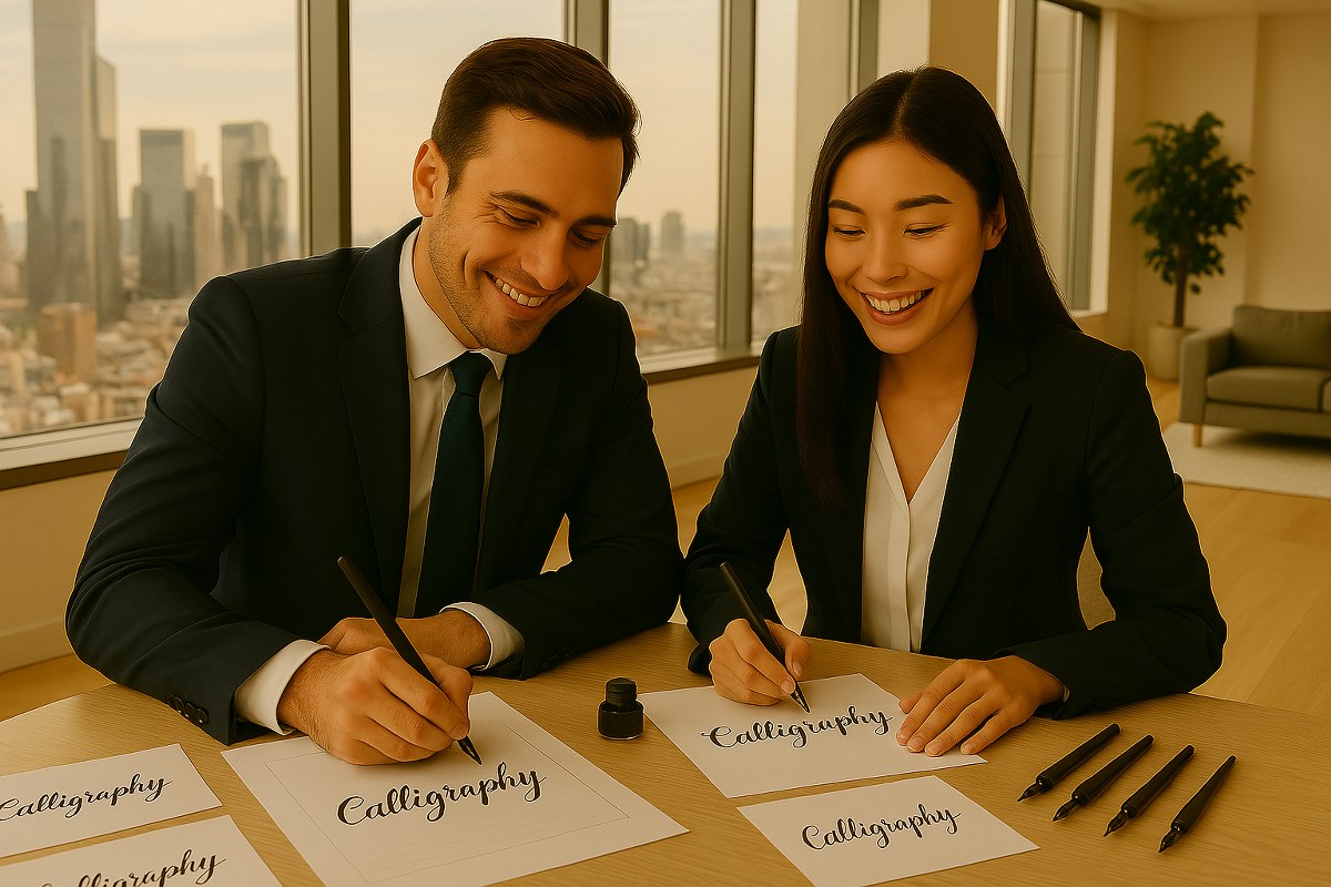 A couple writing the text calligraphy in a stylish way.