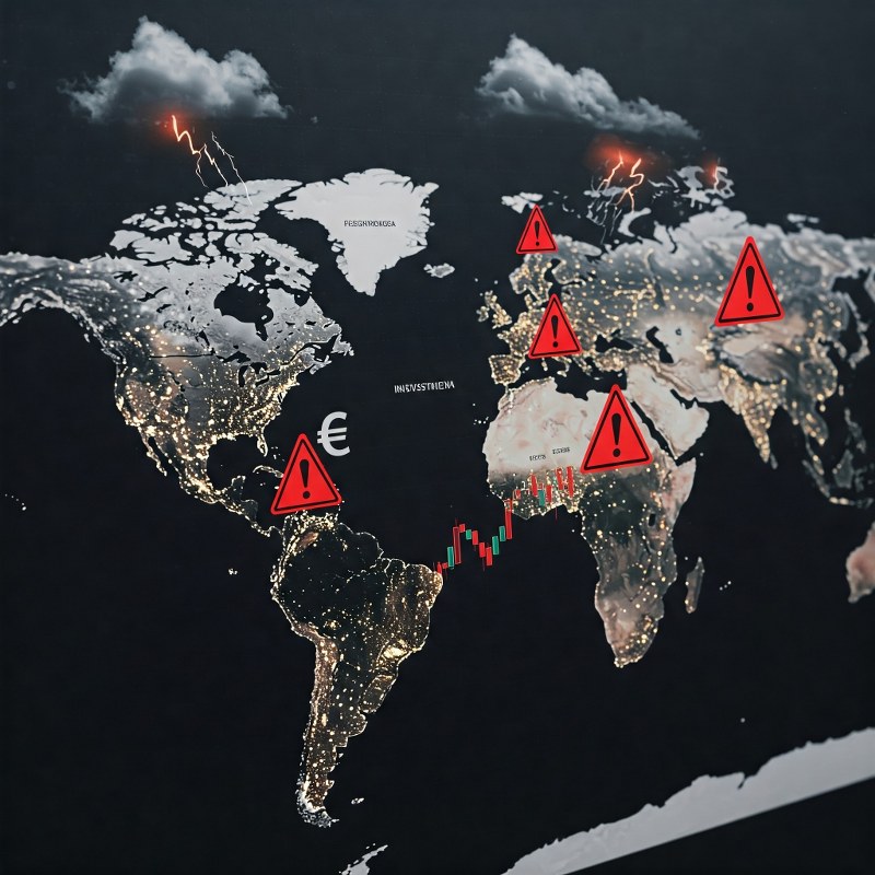 A detailed world map overlaid with financial symbols like currency signs and stock market graphs.
