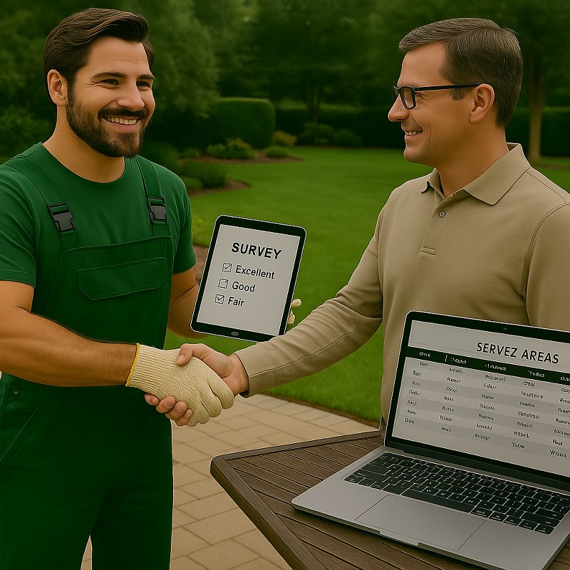 A gardener giving a survey to a customer.