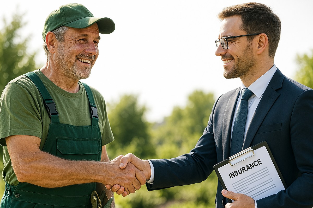 A gardener shaking hands with an insurance agent.