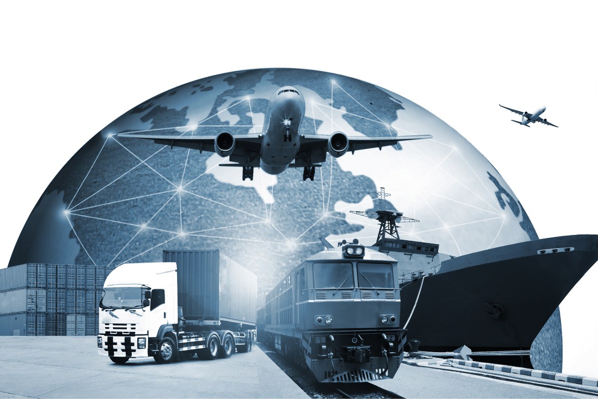 A global logistics network with various modes of transportation.