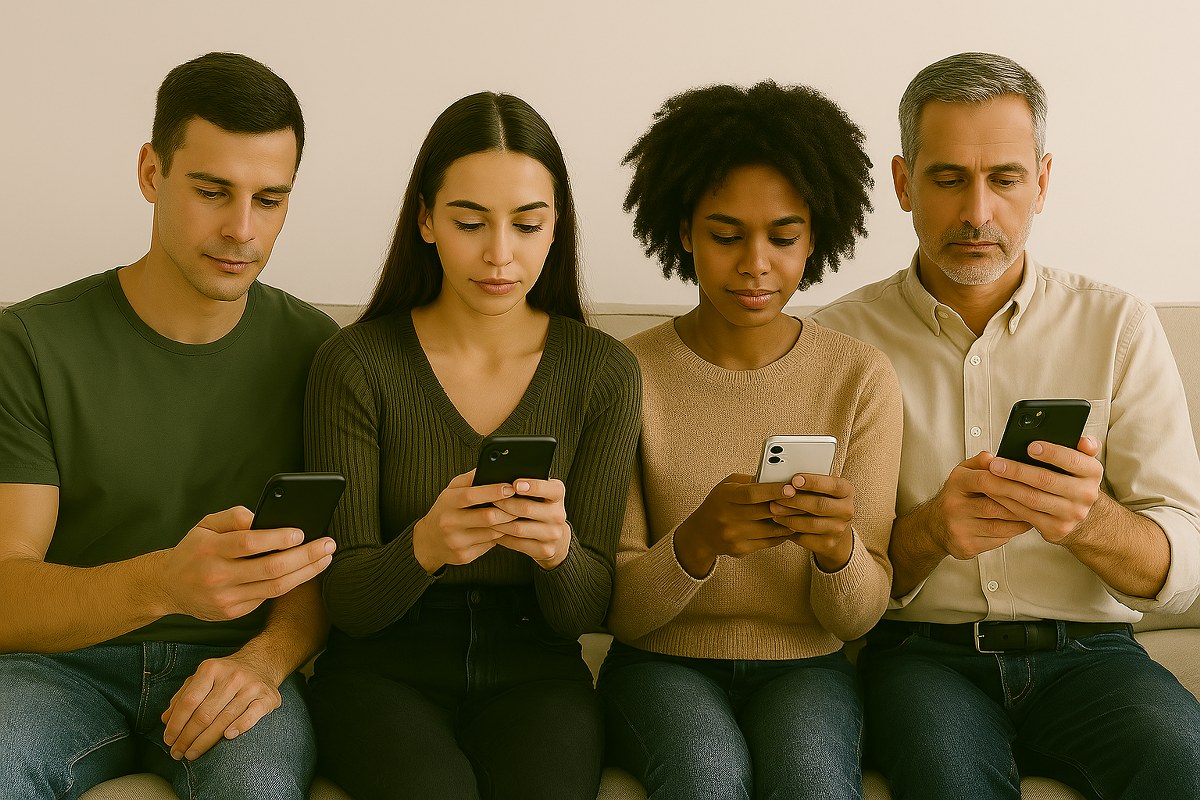 A group of people using mobile phones.