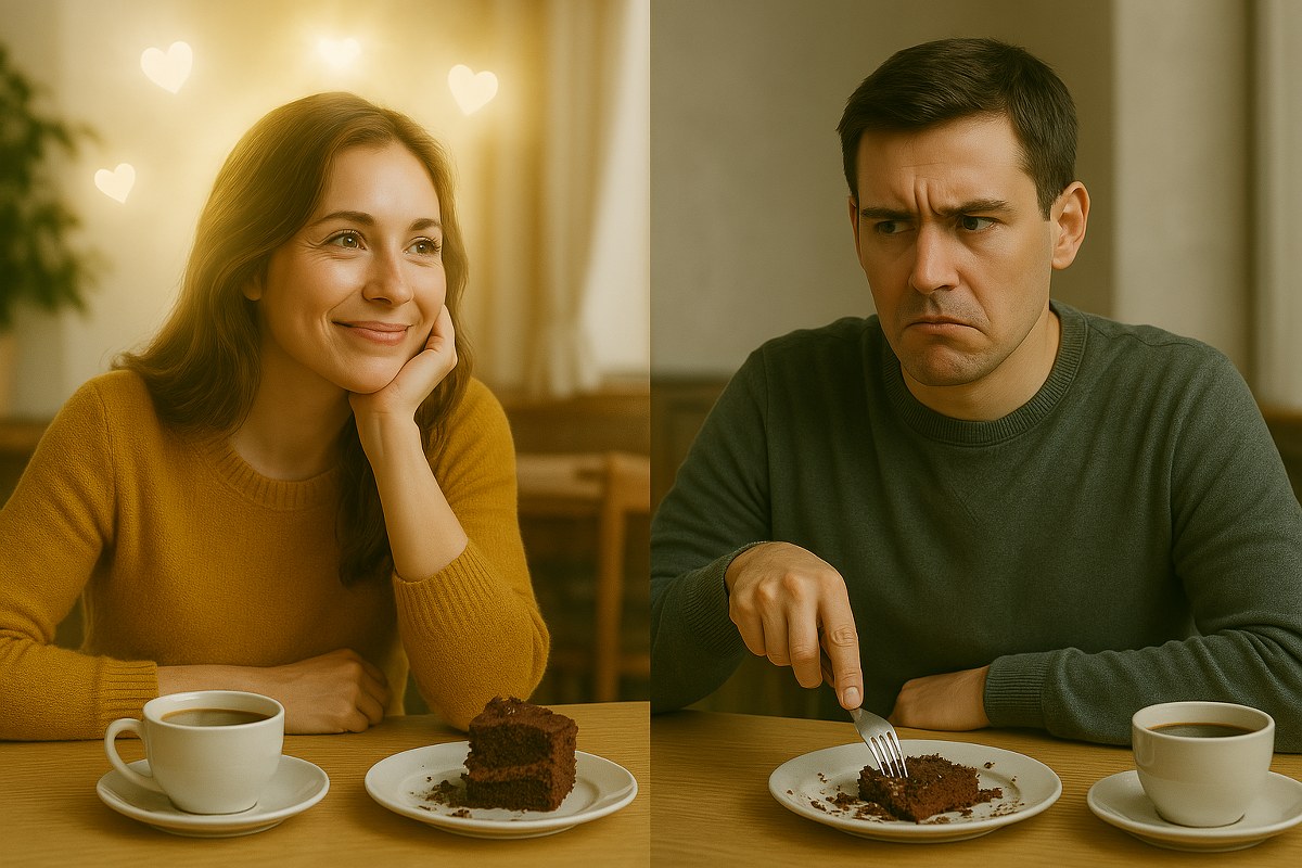 A happy woman and a man with a frowning face having breakfast.