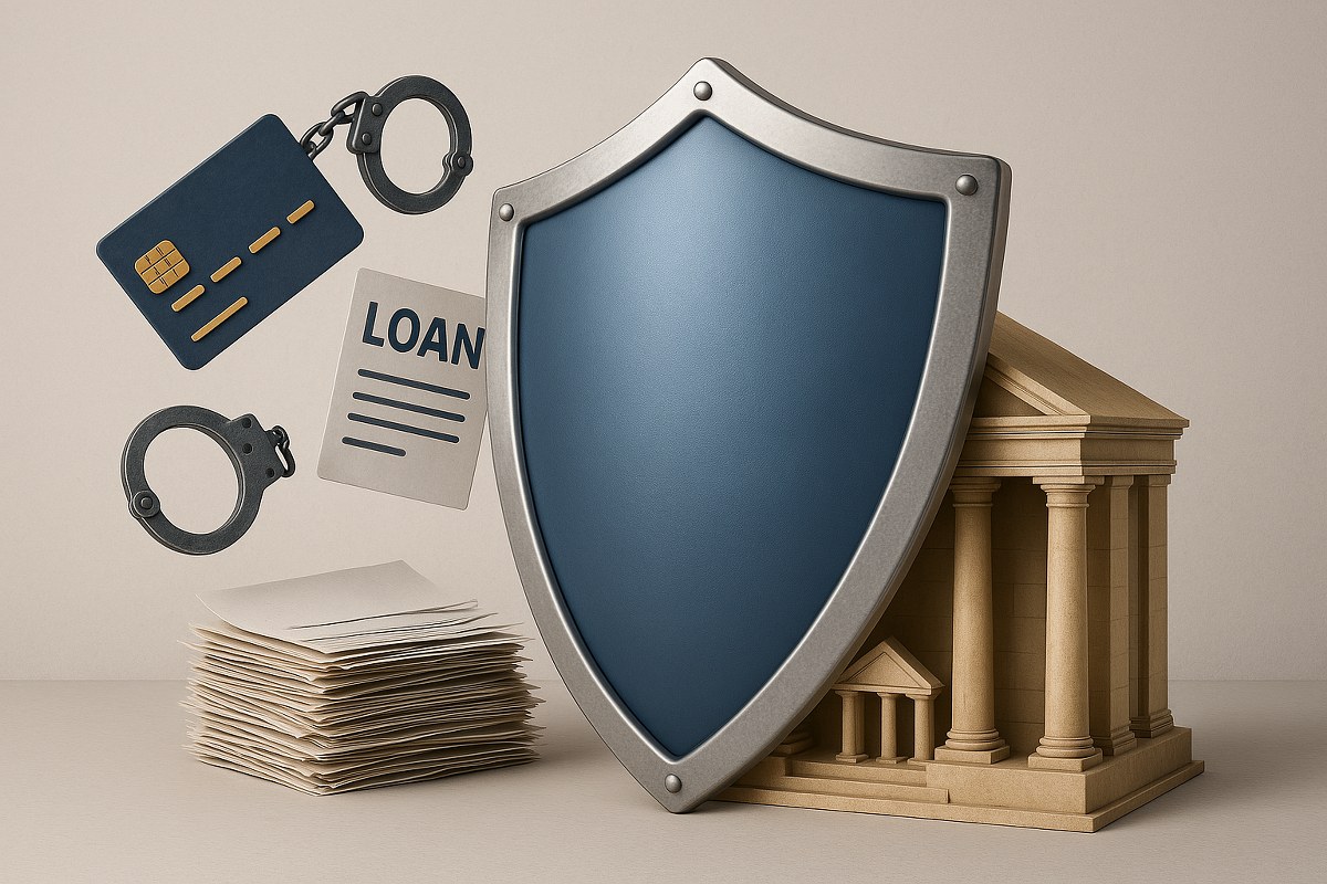 A large shield which is covering a small building protecting it from different liabilities.