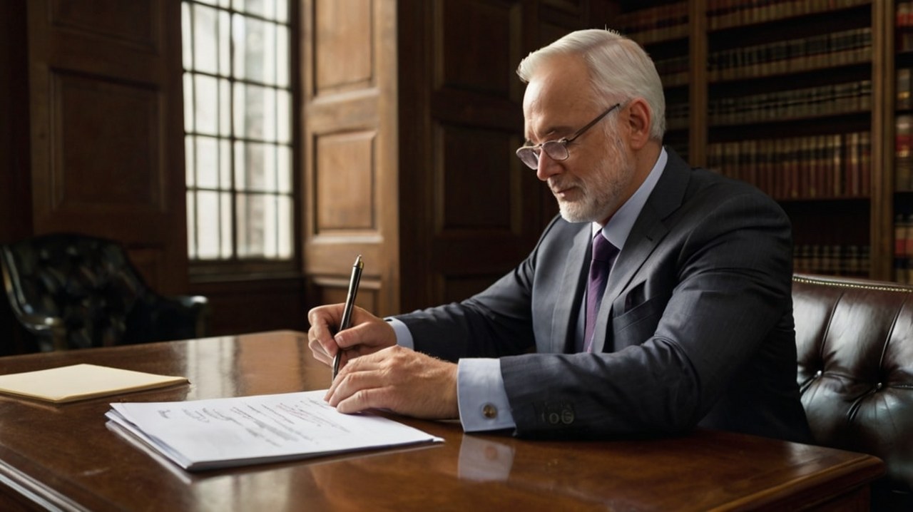 A lawyer signing legal papers.