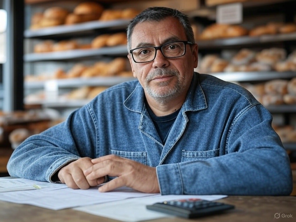 A man calculating taxes for his bakery.