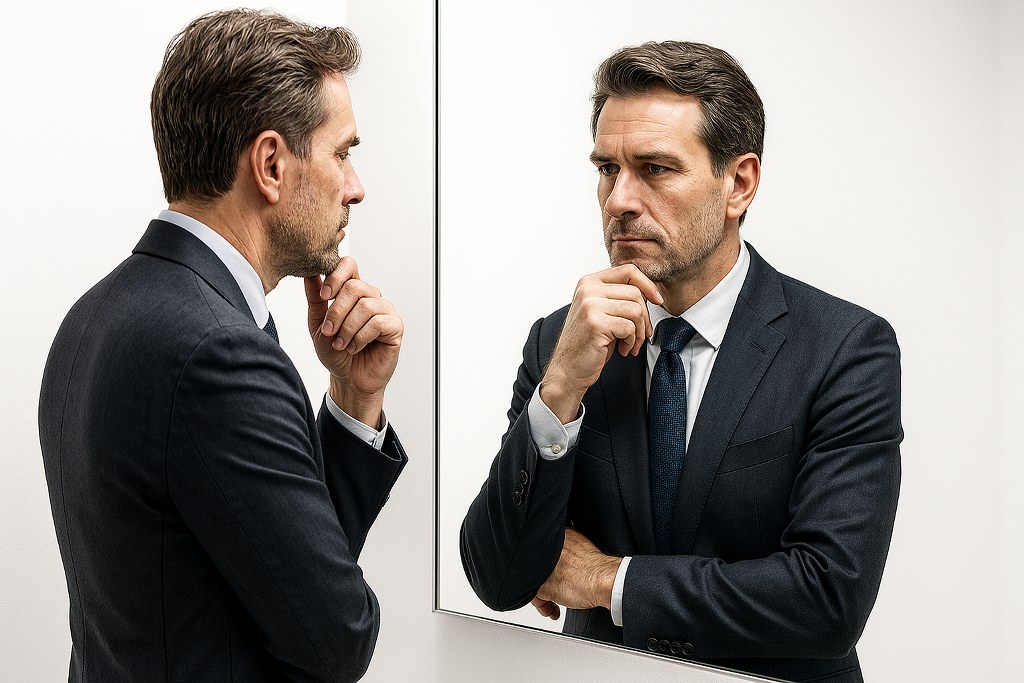 A man in a suit looking at himself in a mirror.