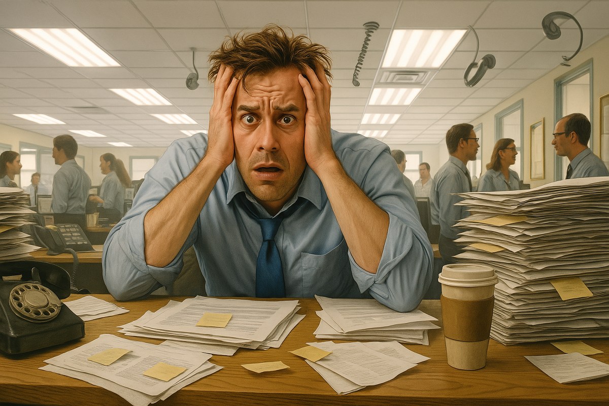 A man overwhelmed at the workplace.
