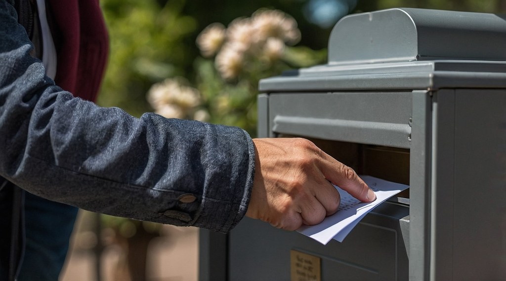A man putting a note in a suggestion box.