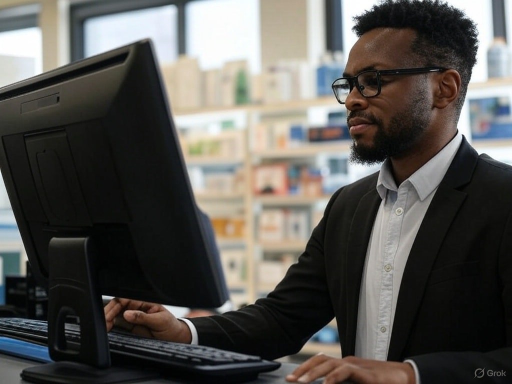 A man recording inventory amounts in a computer.