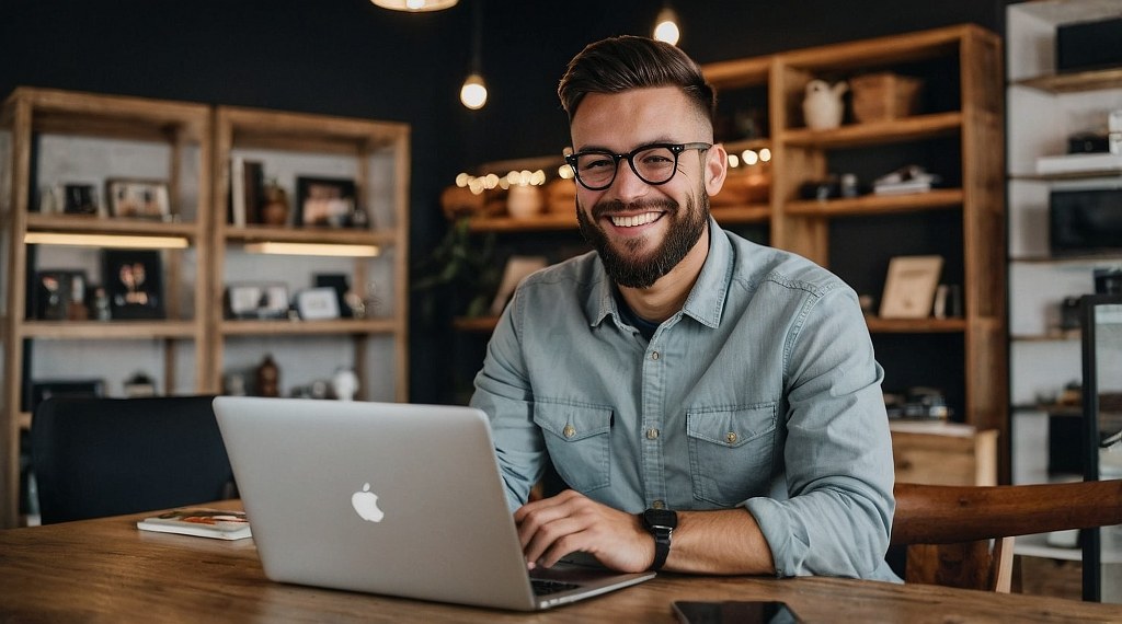 A man smiling while using his laptop signalling good customer experience.
