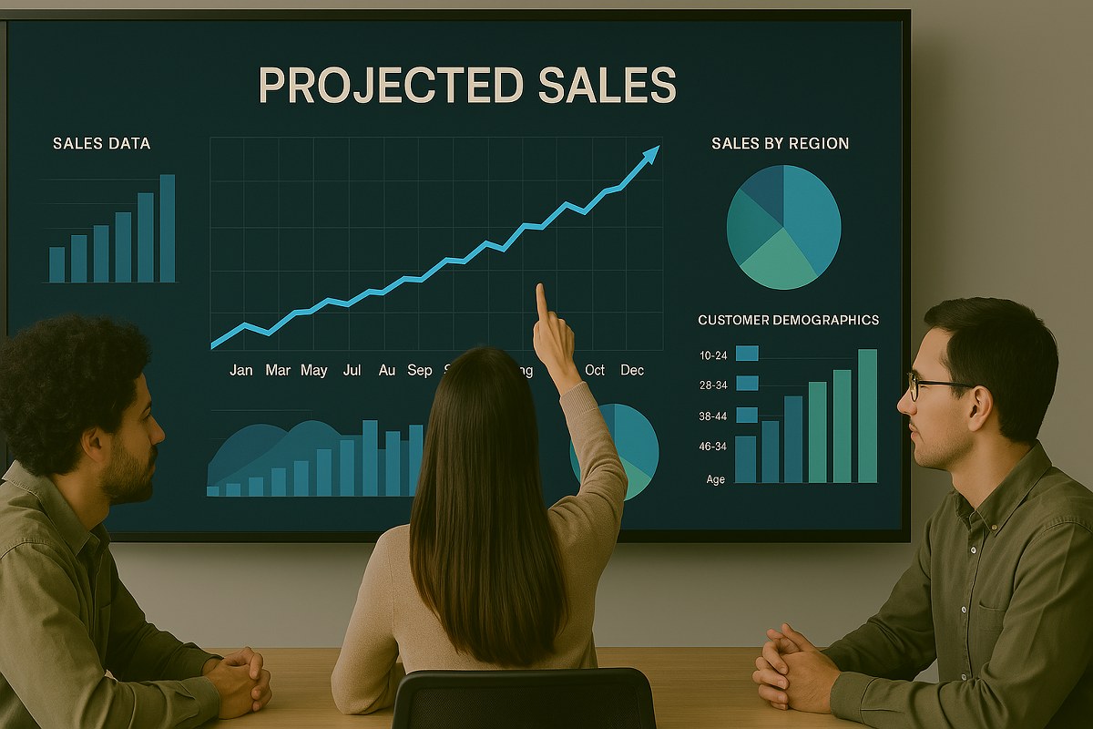 A marketing team reviewing a graph of projected sales.