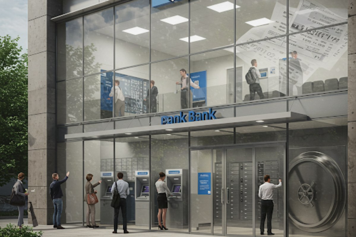 A modern bank building where people are depositing and withdrawing money. 
