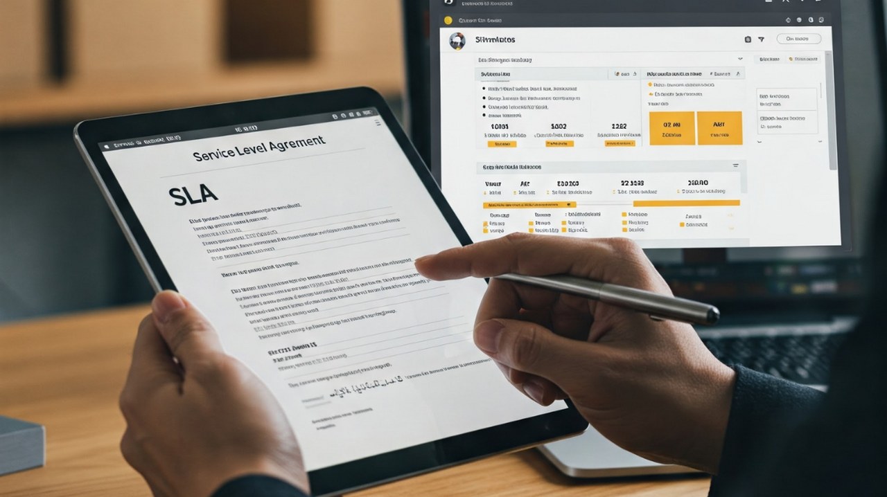A person reviewing a Service Level Agreement (SLA) on a tablet.