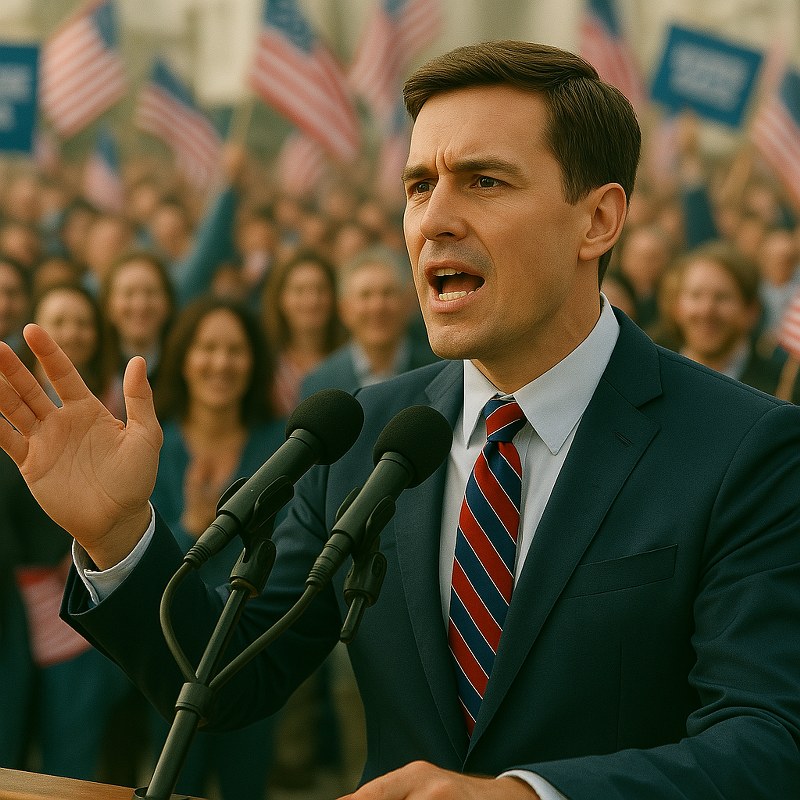 A politician giving a speech in a rally.