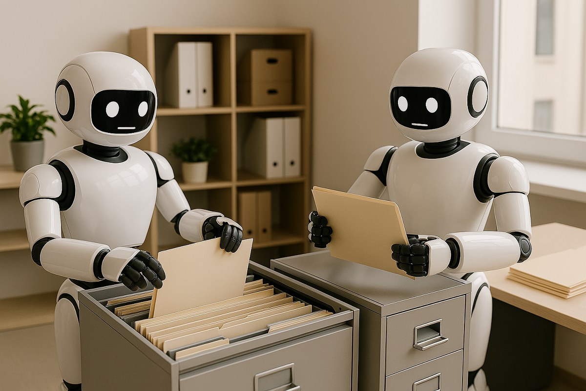 A practical environment where robots are handling file management in an office.