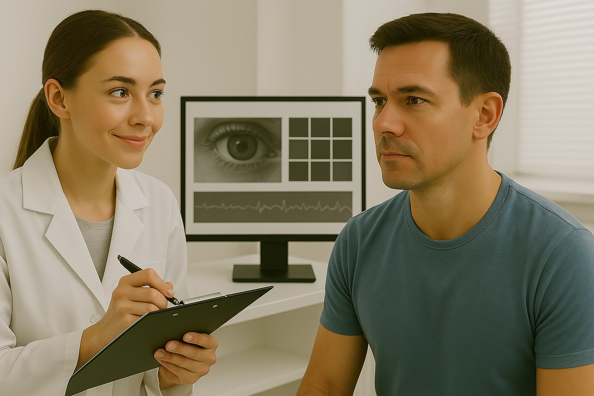 A research physician interrogating a patient.