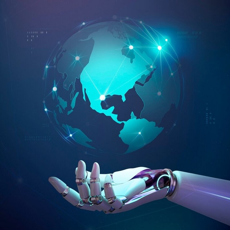 A robot hand is holding a hologram of the globe.