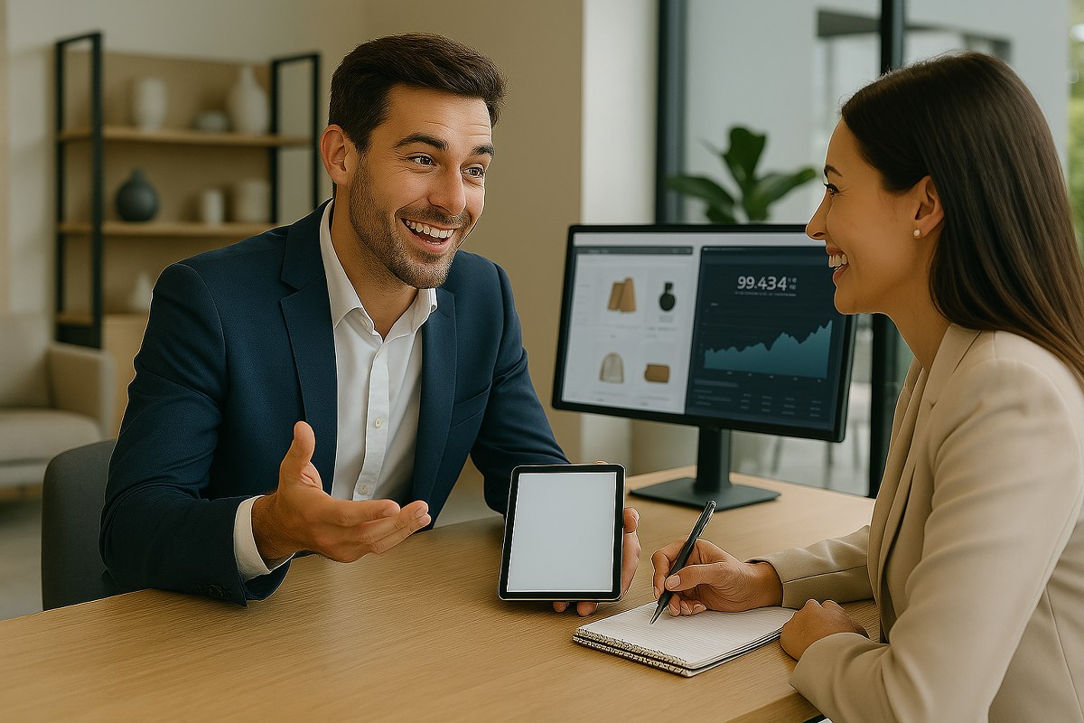 A sales representative speaking to a potential customer.