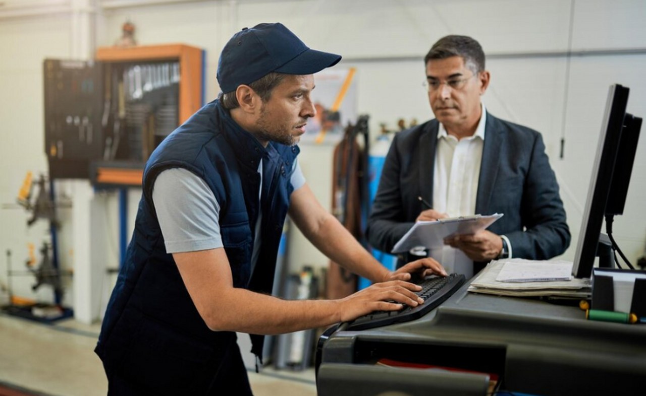 A salesman attending to a customer.
