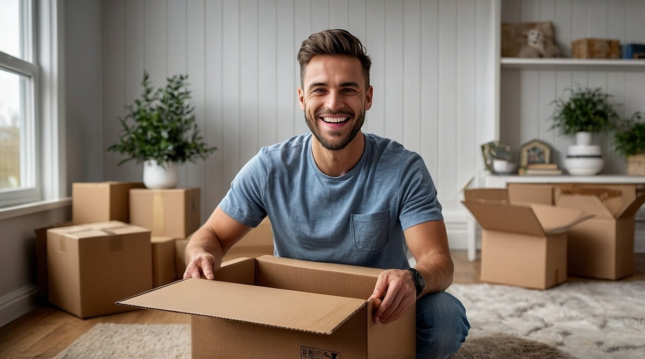 A satisfied customer unboxing a shipping.
