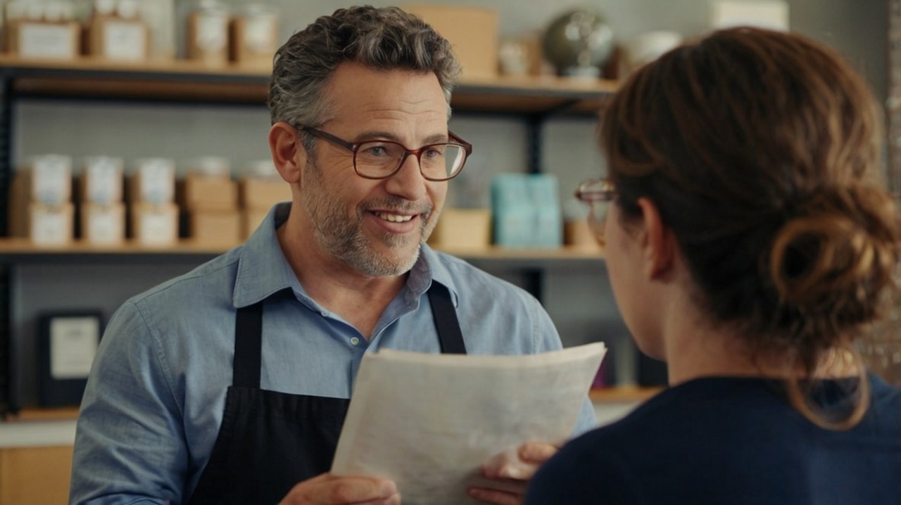 A shopkeeper serving a customer.