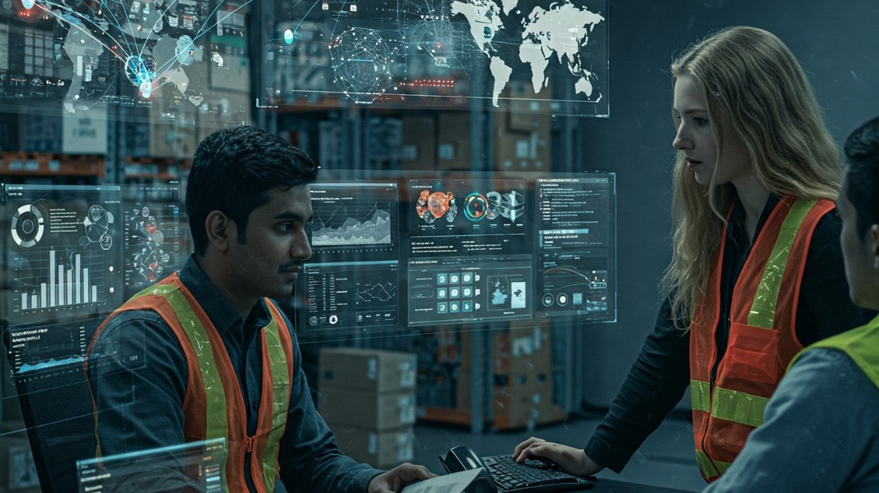 A team of logistics specialists working in a modern control center.