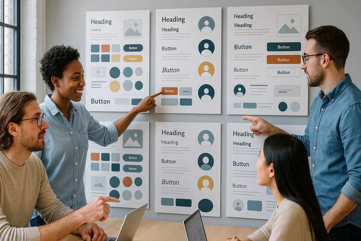 A team reviewing styles on a wall.