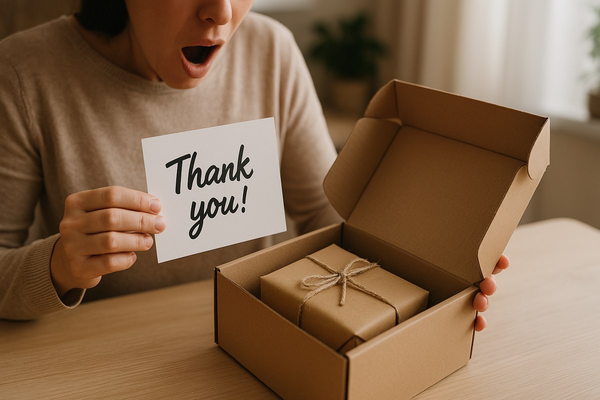 A thank you note given to a customer together with a small gift.