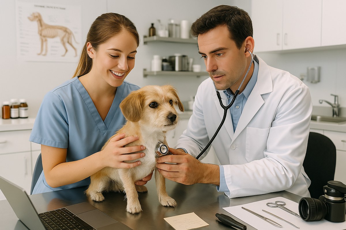A veterinary doctor attending to a dog.