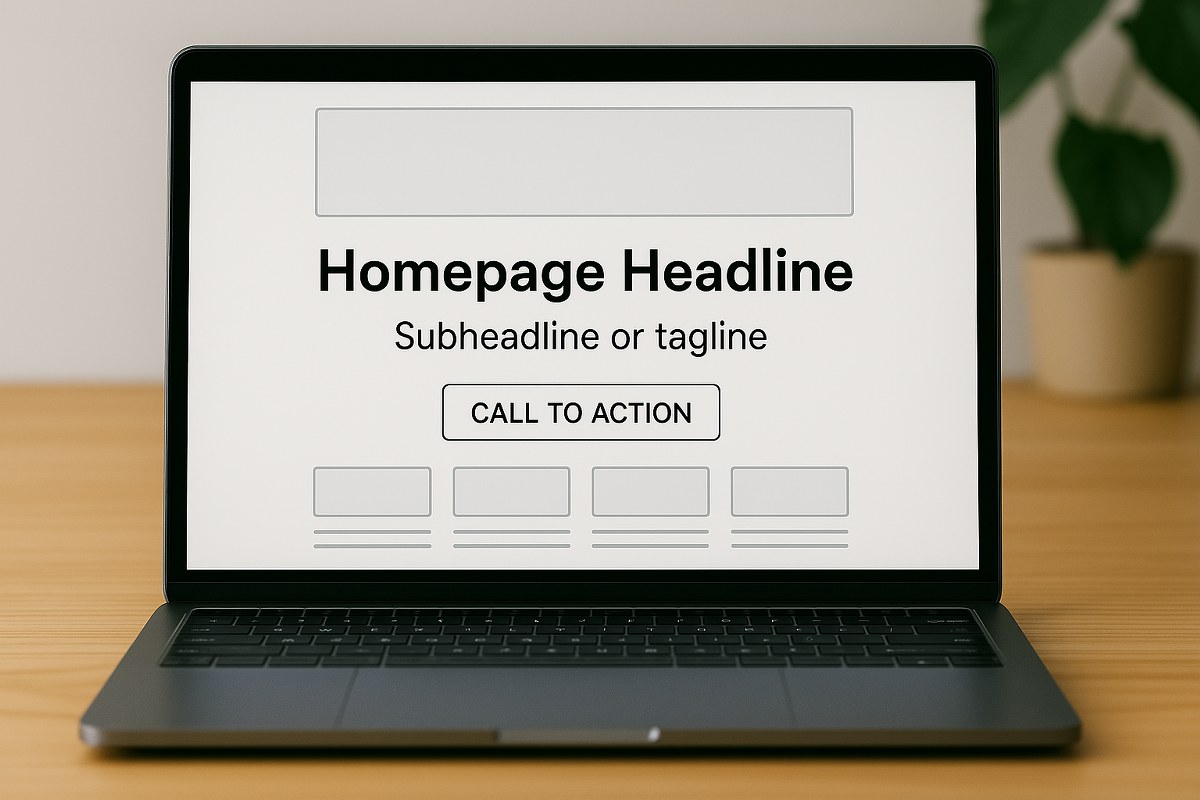 A webpage wireframe highlighting a homepage with a bold headline, subheadline, and CTA.