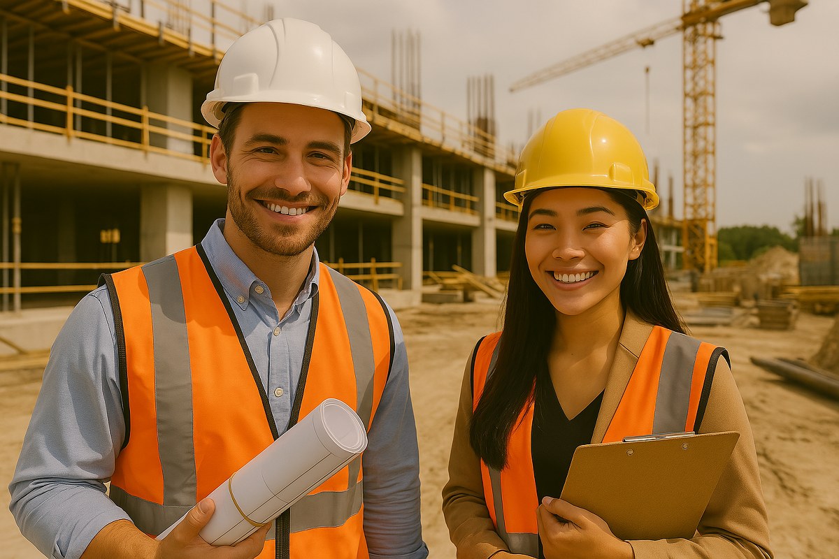 A woman and a man at a construction site.