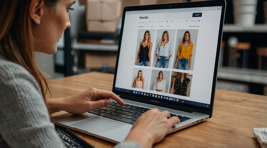 A woman browsing a clothing e-commerce store