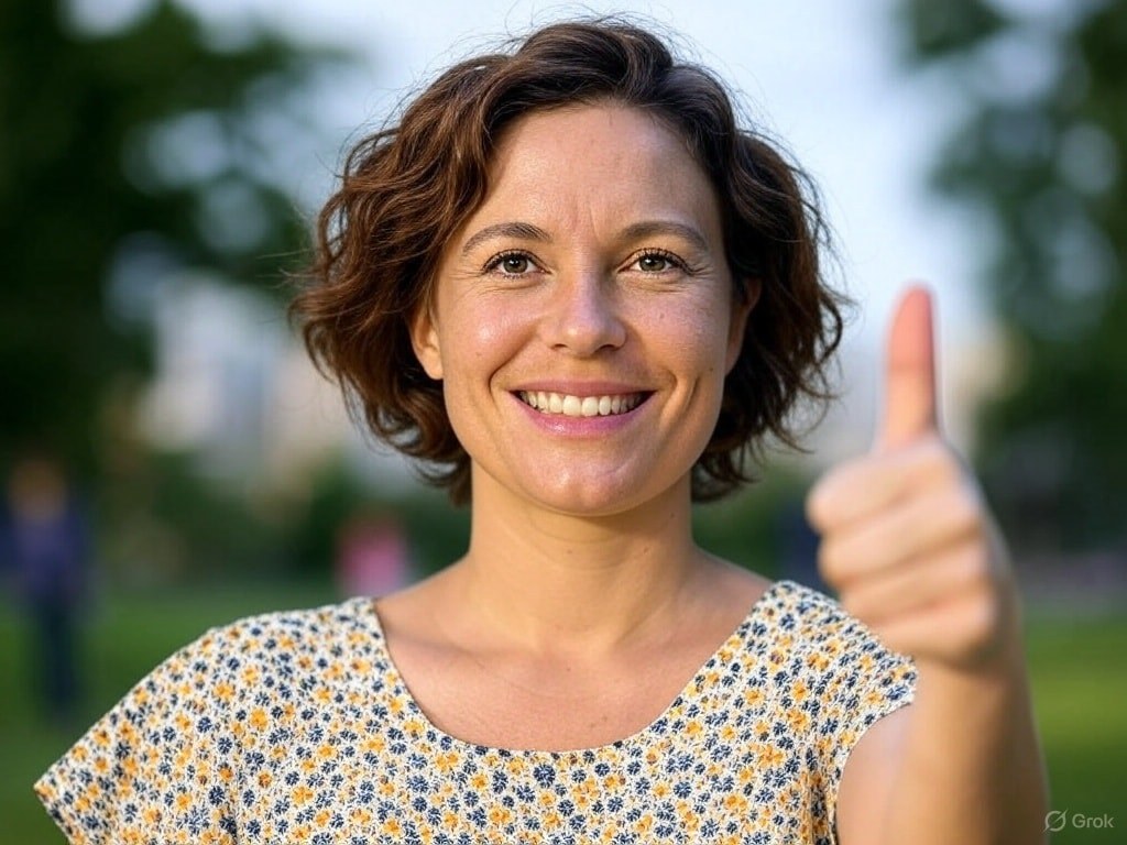 A woman giving a thumbs up.