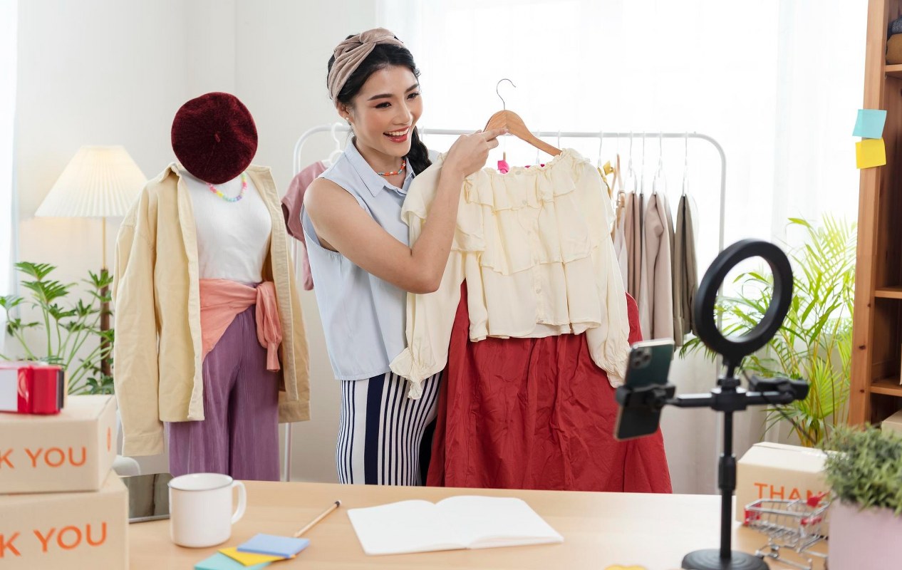 A woman holds a pair of clothes in front of her cell phone.