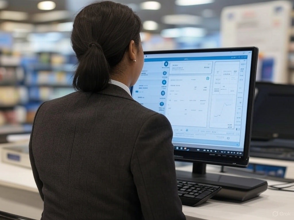 A woman is using POS software.