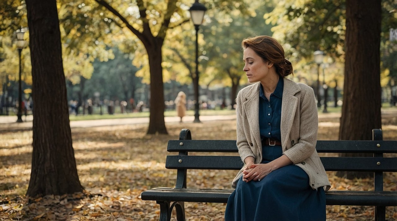 A woman lost in thought in a park.