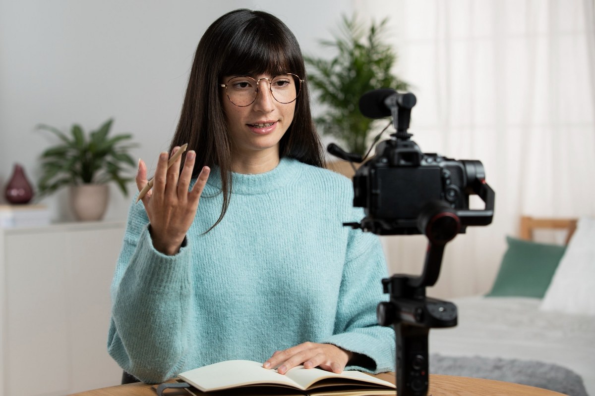 A woman recording herself.